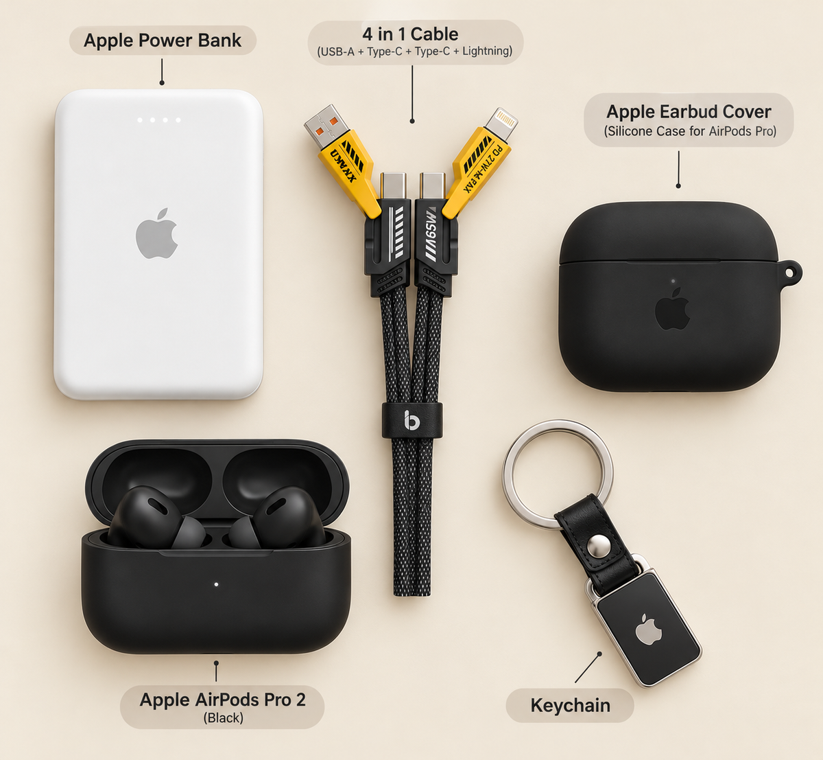 Apple Accessories Combo – Magsafe Power Bank, Airpod pro 2 , 4-in-1 Charging Cable, Earbuds Cover & Premium Keychain